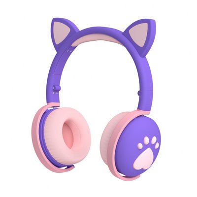 Детские беспроводные стерео наушники с кошачьими ушками и LED подсветкой Фиолетово-розовый 1506164997 фото