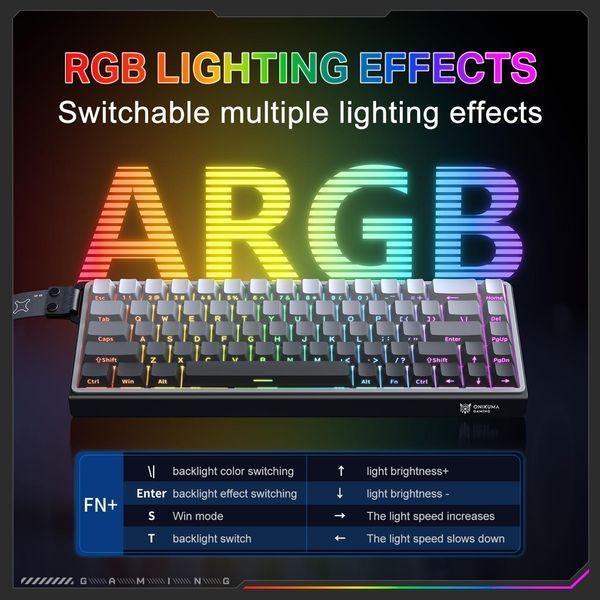 Игровая клавиатура беспроводная Onikuma, RGB подсветка, Bluetooth и USB адаптер 2.4GHz для ПК и ноутбука Серый 427897 фото