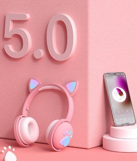 Дитячі бездротові стерео навушники з котячими вушками і LED підсвічуванням Рожевий 1506171195 фото