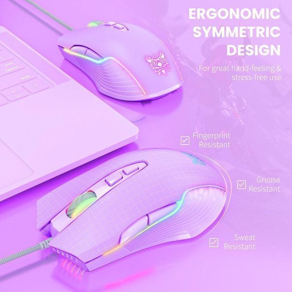 Игровая мышка Onikuma для ПК и ноутбука, 6400 DPI, RGB подсветка, 7 кнопок, проводная геймерская мышка Фиолетовый 5467347 фото