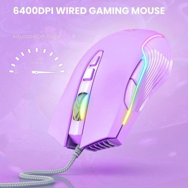 Игровая мышка Onikuma для ПК и ноутбука, 6400 DPI, RGB подсветка, 7 кнопок, проводная геймерская мышка Фиолетовый 5467347 фото
