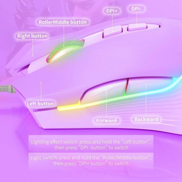 Игровая мышка Onikuma для ПК и ноутбука, 6400 DPI, RGB подсветка, 7 кнопок, проводная геймерская мышка Фиолетовый 5467347 фото