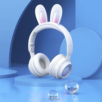 Бездротові дитячі стерео навушники з вушками кролика, ігровим мікрофоном та LED підсвічуванням Білий KE-01 567887 фото