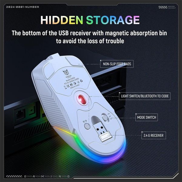 Игровая беспроводная мышка для ПК и ноутбука Onikuma CW-98, 12000 DPI, Bluetooth, 2.4GHz, RGB подсветка Белый 478657 фото