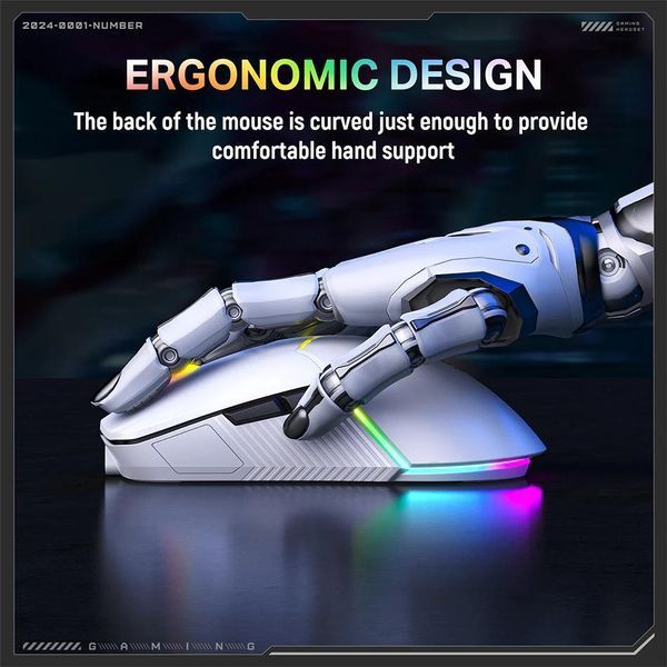 Игровая беспроводная мышка для ПК и ноутбука Onikuma CW-98, 12000 DPI, Bluetooth, 2.4GHz, RGB подсветка Белый 478657 фото