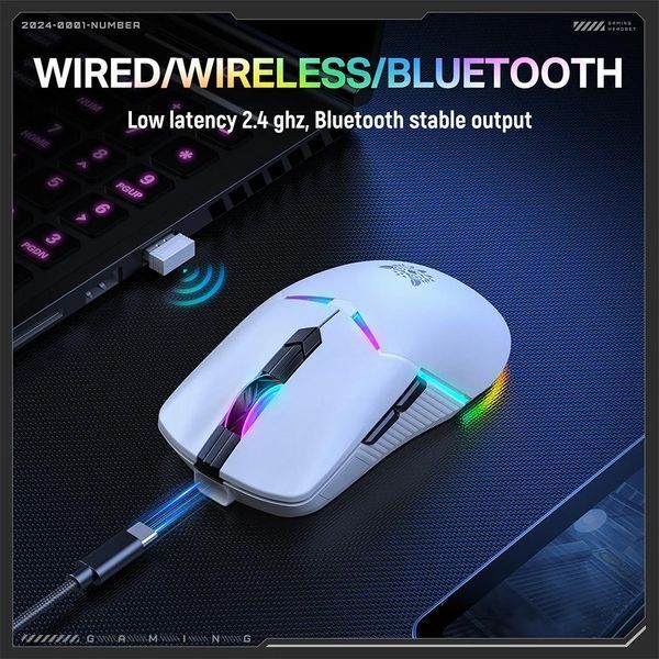 Игровая беспроводная мышка для ПК и ноутбука Onikuma CW-98, 12000 DPI, Bluetooth, 2.4GHz, RGB подсветка Белый 478657 фото