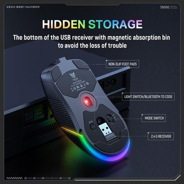 Игровая мышь Onikuma CW-98 Pro беспроводная, 12000 DPI, RGB подсветка, 3 режима подключения, геймерская мышка для ПК, ноутбука, Windows / Mac 74387 фото