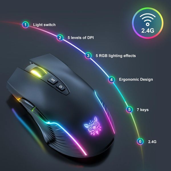 Игровая беспроводная мышка Onikuma C105 для ПК и ноутбука, USB адаптер 2.4 GHz, RGB-подсветка, 7 кнопок, 3600 DPI, аккумуляторная 57837 фото