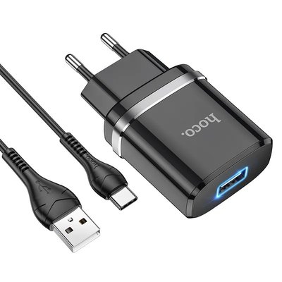 Мережевий зарядний пристрій Hoco N1 12W. 2.4 A з USB-роз'ємом і кабелем Type-c у комплекті Чорний