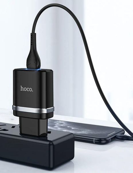 Мережевий зарядний пристрій Hoco N1 12W. 2.4 A з USB-роз'ємом і кабелем Type-c у комплекті Чорний