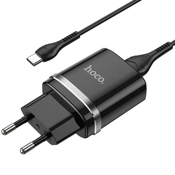 Мережевий зарядний пристрій Hoco N1 12W. 2.4 A з USB-роз'ємом і кабелем Type-c у комплекті Чорний