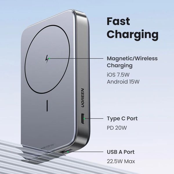 Магнітна батарея UGREEN PB206 Magnetic Magsafe Powerbank 10 000mAh 20W USB-C зі складною підставкою Бездротовий портативний павербанк 09326 фото