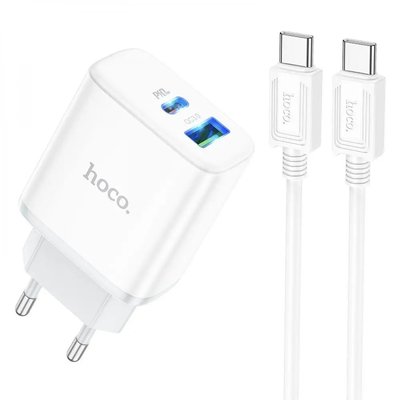 Мережевий адаптер живлення Hoco C105A 20W Type-C та USB зі швидкою зарядкою та кабелем Type-c to Type-c у комплекті