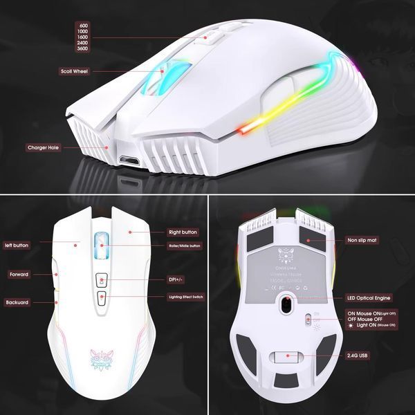 Игровая беспроводная мышка Onikuma C-105 Pro с RGB подсветкой, 2.4GHz, 600-3600 DPI, 7 кнопок, бесшумная мышь для ПК и ноутбука, белая 7347827 фото
