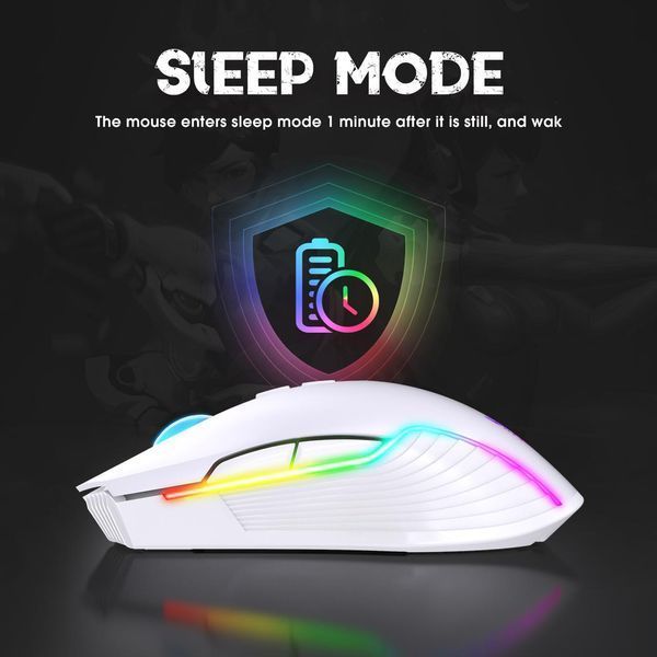 Игровая беспроводная мышка Onikuma C-105 Pro с RGB подсветкой, 2.4GHz, 600-3600 DPI, 7 кнопок, бесшумная мышь для ПК и ноутбука, белая 7347827 фото