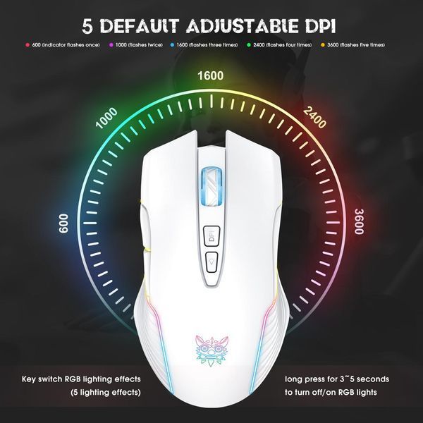 Игровая беспроводная мышка Onikuma C-105 Pro с RGB подсветкой, 2.4GHz, 600-3600 DPI, 7 кнопок, бесшумная мышь для ПК и ноутбука, белая 7347827 фото