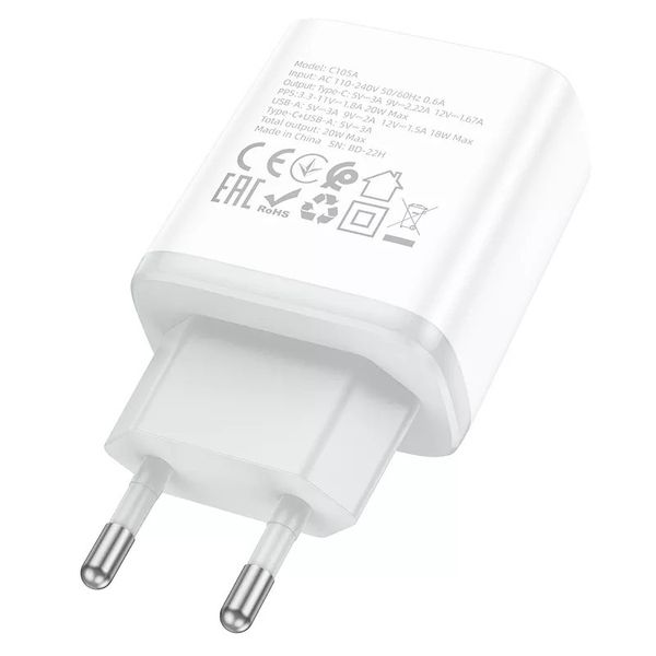 Мережевий адаптер живлення Hoco C105A 20W Type-C та USB зі швидкою зарядкою та кабелем Type-c to Type-c у комплекті