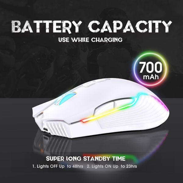 Игровая беспроводная мышка Onikuma C-105 Pro с RGB подсветкой, 2.4GHz, 600-3600 DPI, 7 кнопок, бесшумная мышь для ПК и ноутбука, белая 7347827 фото