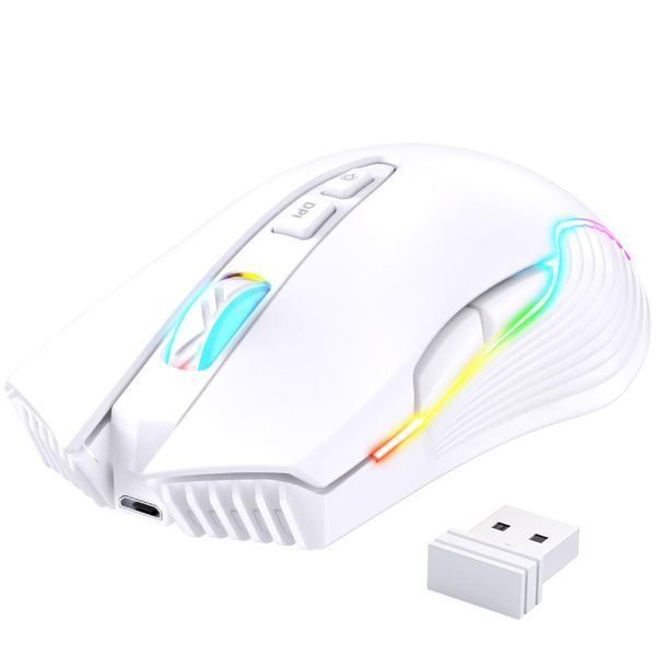 Игровая беспроводная мышка Onikuma C-105 Pro с RGB подсветкой, 2.4GHz, 600-3600 DPI, 7 кнопок, бесшумная мышь для ПК и ноутбука, белая 7347827 фото