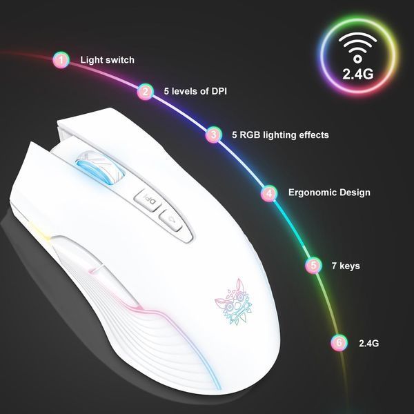 Игровая беспроводная мышка Onikuma C-105 Pro с RGB подсветкой, 2.4GHz, 600-3600 DPI, 7 кнопок, бесшумная мышь для ПК и ноутбука, белая 7347827 фото