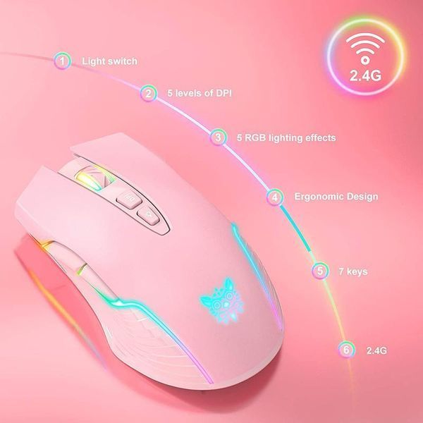 Беспроводная игровая мышка Onikuma CW15, RGB подсветка, 3600 DPI, для ПК и ноутбука Розовый 5784397 фото