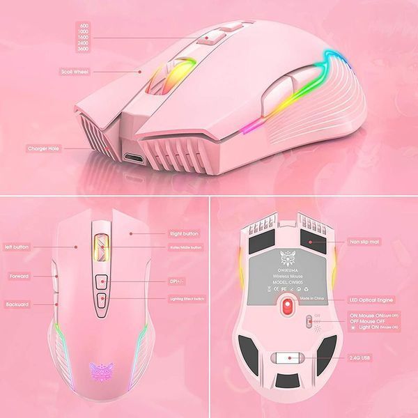 Беспроводная игровая мышка Onikuma CW15, RGB подсветка, 3600 DPI, для ПК и ноутбука Розовый 5784397 фото