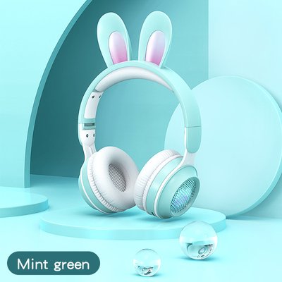 Бездротові дитячі стерео навушники з вушками кролика, ігровим мікрофоном та LED підсвічуванням М'ятно зелений KE-01 1531341376 фото