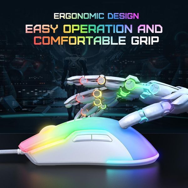Мышка игровая Onikuma C-22 Pro с RGB подсветкой и 6400 DPI, геймерская проводная для ПК и ноутбука Белый 743878 фото