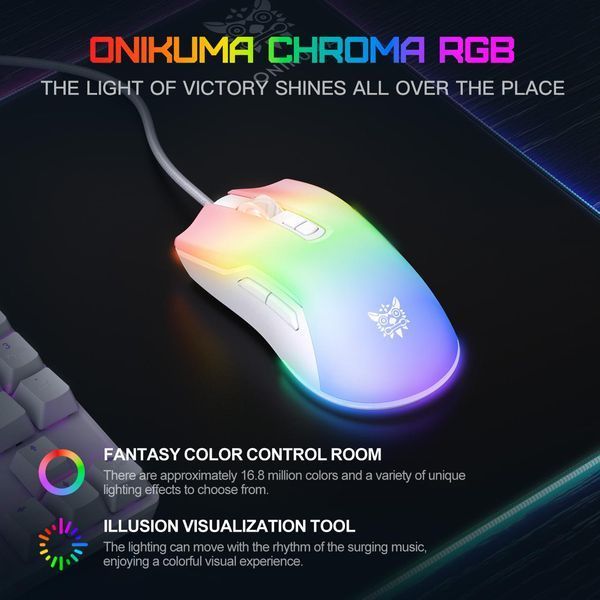 Мышка игровая Onikuma C-22 Pro с RGB подсветкой и 6400 DPI, геймерская проводная для ПК и ноутбука Белый 743878 фото