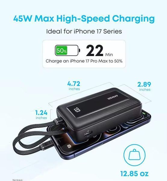 Павербанк со встроенными кабелями Anker A125M 20000 mAh 45W с LED дисплеем и быстрой и сквозной зарядкой для ноутбука и роутера Белый 4783777 фото