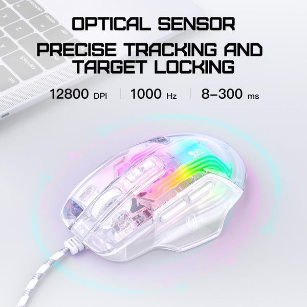 Игровая проводная мышка для ПК Onikuma C93, RGB подсветка, 12800 DPI Геймерская мышь для ноутбука, прозрачный корпус 43789 фото