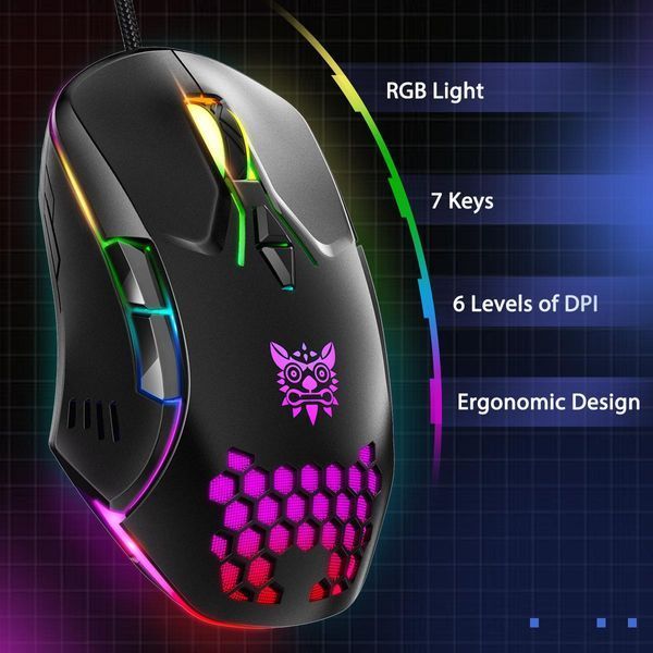 Проводная игровая компьютерная мышь Onikuma C12, RGB-подсветка, 800&ndash;6400 DPI, 7 кнопок, для ПК и ноутбука Черный 478397 фото