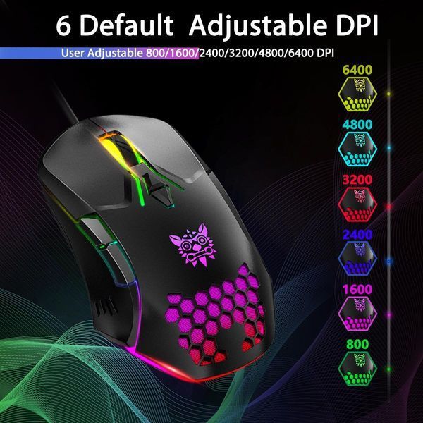 Проводная игровая компьютерная мышь Onikuma C12, RGB-подсветка, 800&ndash;6400 DPI, 7 кнопок, для ПК и ноутбука Черный 478397 фото