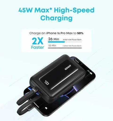Павербанк Anker 20000 mAh 45W Power Bank з вбудованими кабелями, швидка зарядка PD, наскрізна зарядка, LED дисплей, зовнішній акумулятор УМБ Рожевий 748397 фото