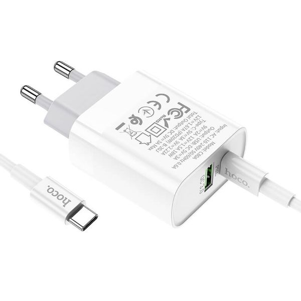 Зарядний пристрій Hoco C80A Rapido Type-C PD20W USB QC 3.0 з кабелем Type-C to Type-C Білий