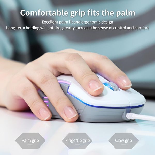Игровая мышка Onikuma C-12 Pro для ПК и ноутбука, проводная USB геймерская мышь с RGB подсветкой и 800-6400 DPI, эргономичная Белый 457877 фото