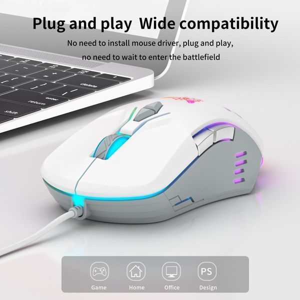 Игровая мышка Onikuma C-12 Pro для ПК и ноутбука, проводная USB геймерская мышь с RGB подсветкой и 800-6400 DPI, эргономичная Белый 457877 фото