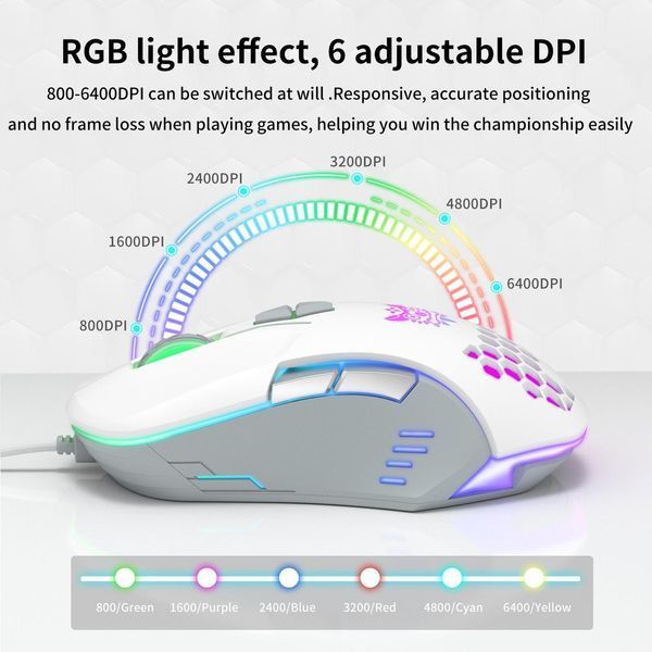Игровая мышка Onikuma C-12 Pro для ПК и ноутбука, проводная USB геймерская мышь с RGB подсветкой и 800-6400 DPI, эргономичная Белый 457877 фото