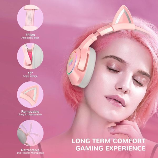 Ігрові навушники з котячими вушками Onikuma K9 з мікрофоном Дротові навушники для стрімінгу Рожевий Onikuma-K9 фото