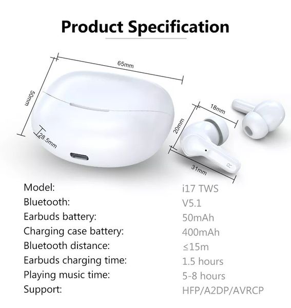 Бездротові Bluetooth-навушники TWS CR-i17 із зарядним кейсом, сенсорами керування й індикатором заряду Білий 1682775426 фото