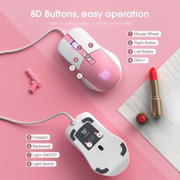 Розовая игровая мышка ONIKUMA C16 с RGB подсветкой, 7200 DPI, 8 кнопок, проводная для ПК и ноутбука 48577 фото