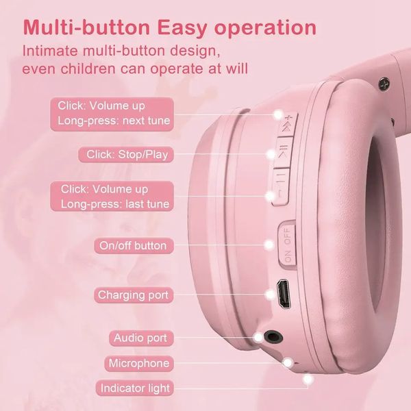 Безпровідні навушники ігрові з котячими вушками Onikuma B90 з підсвічуванням RGB рожеві 3838029 фото