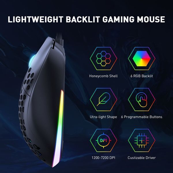 Провідна ігрова мишка Onikuma CW96, провідна геймерська мишка з RGB підсвіткою, 7200 DPI, 8 кнопок, легка, для ПК і ноутбука, чорна 436789 фото
