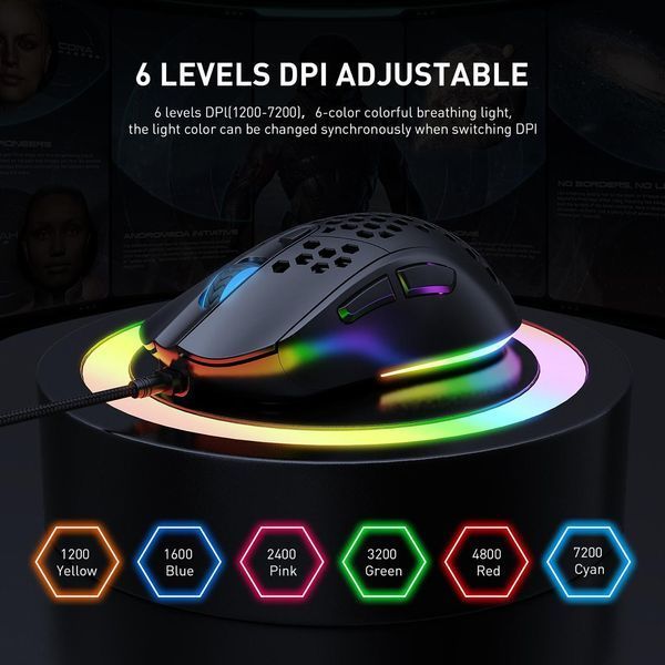 Провідна ігрова мишка Onikuma CW96, провідна геймерська мишка з RGB підсвіткою, 7200 DPI, 8 кнопок, легка, для ПК і ноутбука, чорна 436789 фото
