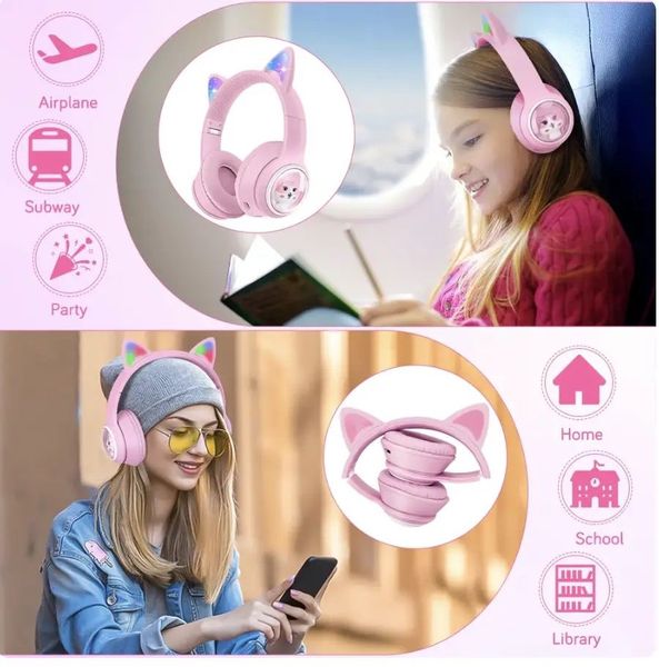 Рожеві безпровідні навушник-Bluetooth дитячі AKZ-01 з RGB-підсвіткою і вбудованим мікрофоном 345678 фото