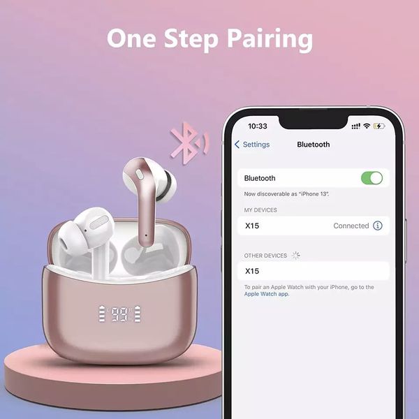 Бездротові навушники TWS BX15 із зарядним кейсом, сенсорами керування та індикатором заряду Жіночі блютуз навушники Рожеві BX15-Pink фото