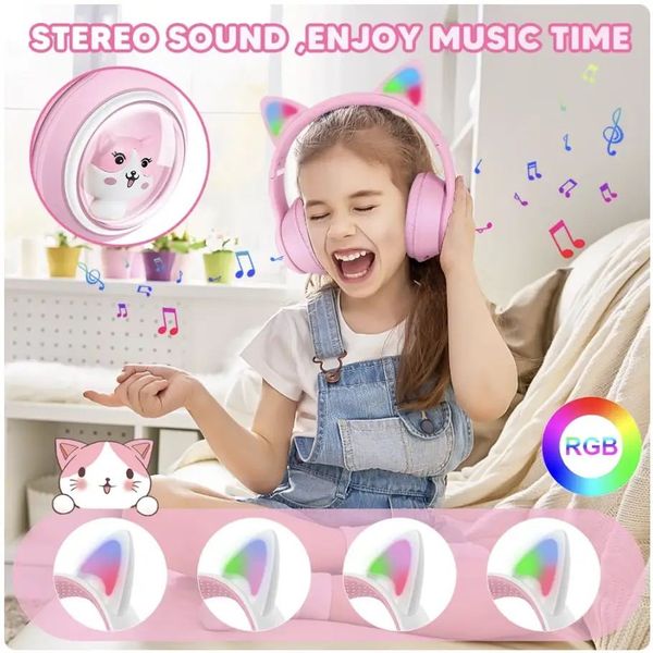 Рожеві безпровідні навушник-Bluetooth дитячі AKZ-01 з RGB-підсвіткою і вбудованим мікрофоном 345678 фото