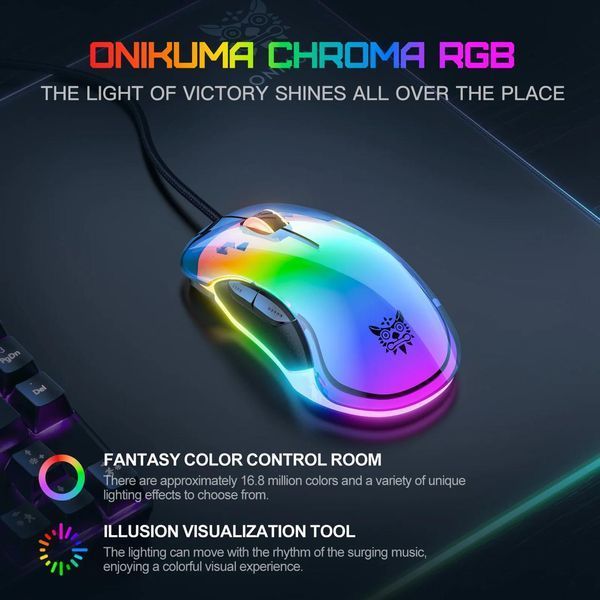 Геймерська дротова мишка Onikuma C24 з RGB підсвіткою, прозорий корпус, 800-7200 DPI, Dual Scroll, ігрова миша для ПК 567787 фото