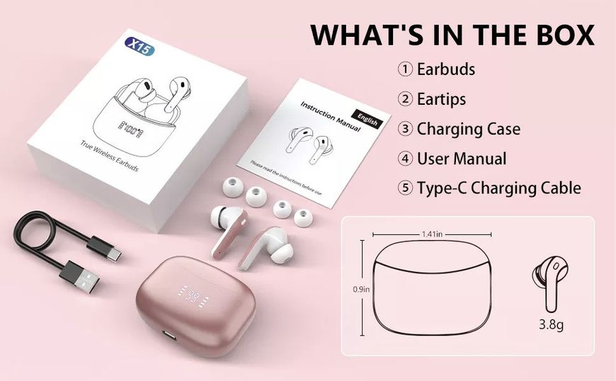 Беспроводные наушники TWS BX15 с зарядным кейсом, сенсорами управления и индикатором заряда Женские блютуз наушники Розовый BX15-Pink фото