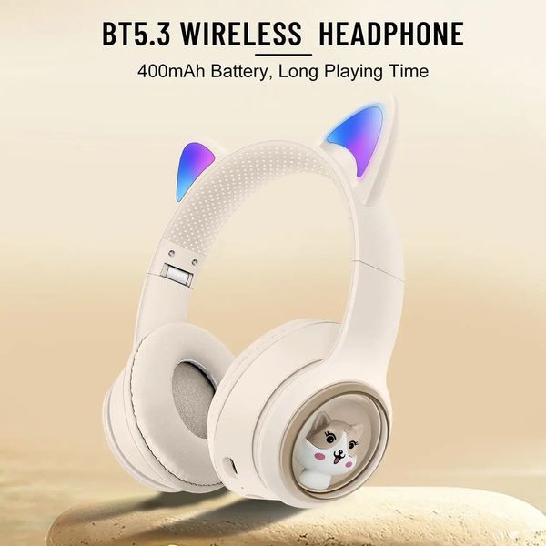 Дитячі бездротові Bluetooth-навушники AKZ-01 з RGB-підсвіткою і вбудованим мікрофоном Бежевий 36782 фото